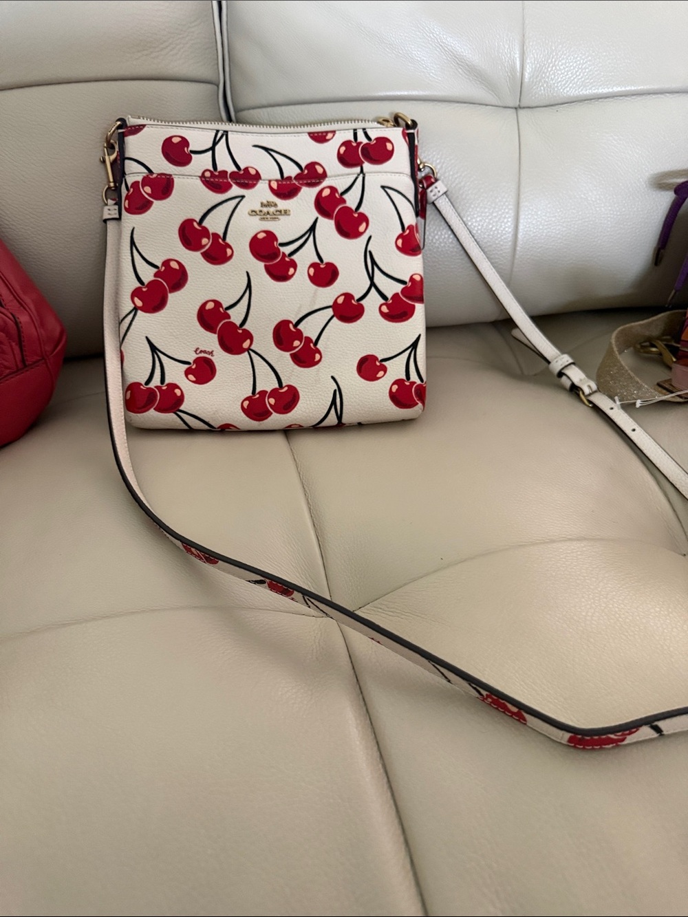 Coach Cream Leather Crossbody with Red Cherry Print
